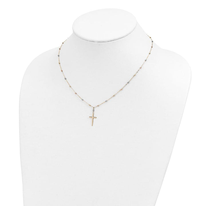 14K Tri-Color Gold Beaded Chain with Cross Pendant 17 inch Necklace