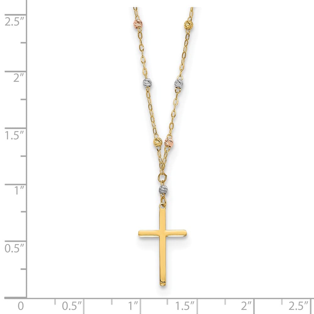 14K Tri-Color Gold Beaded Chain with Cross Pendant 17 inch Necklace