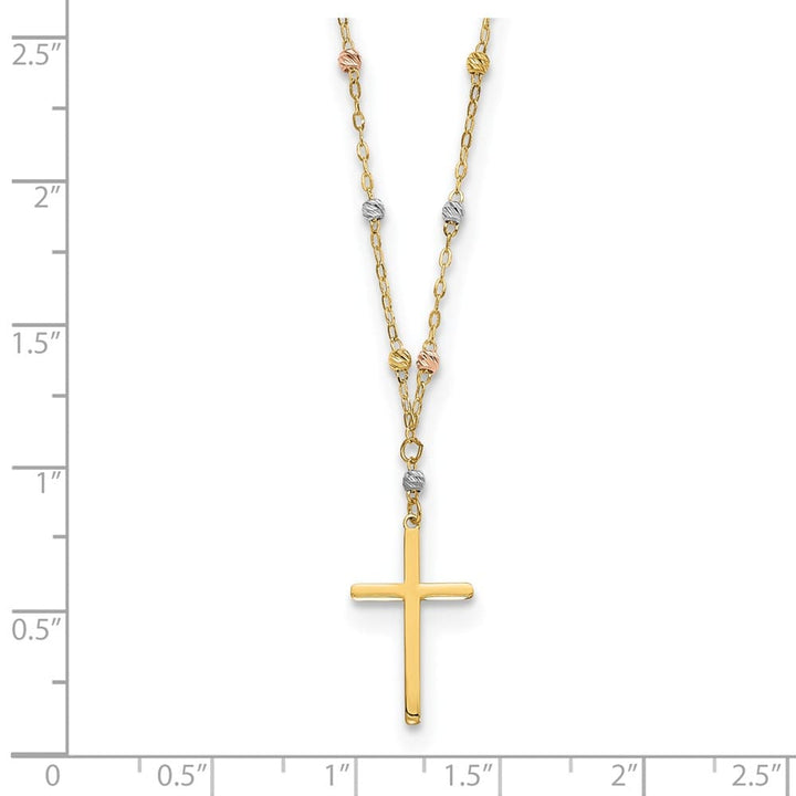 14K Tri-Color Gold Beaded Chain with Cross Pendant 17 inch Necklace