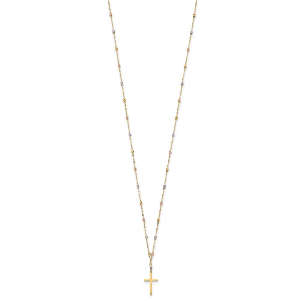 14K Tri-Color Gold Beaded Chain with Cross Pendant 17 inch Necklace