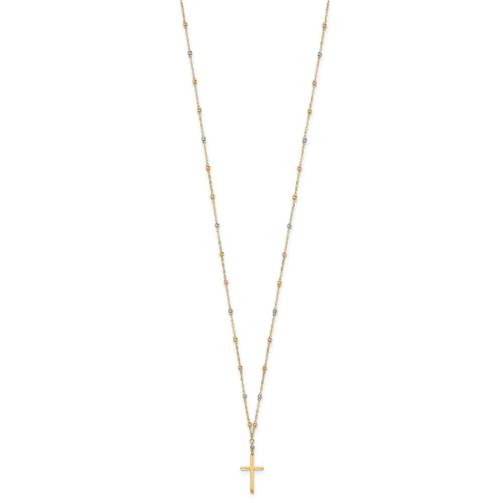 14K Tri-Color Gold Beaded Chain with Cross Pendant 17 inch Necklace