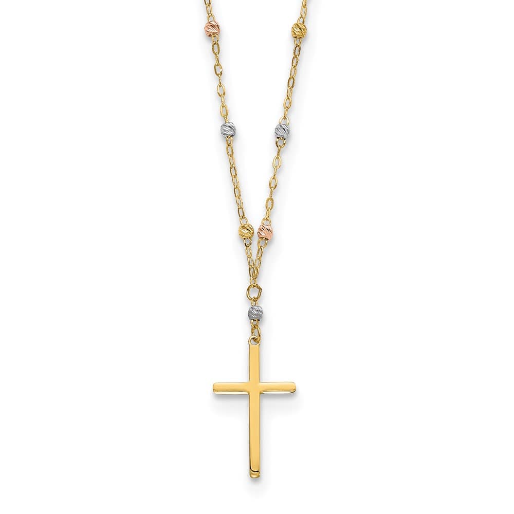 14K Tri-Color Gold Beaded Chain with Cross Pendant 17 inch Necklace