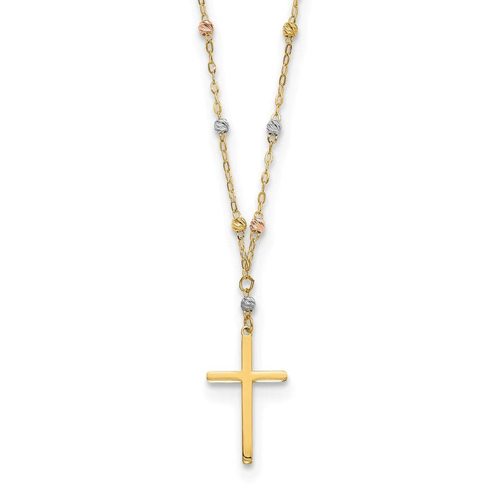 14K Tri-Color Gold Beaded Chain with Cross Pendant 17 inch Necklace