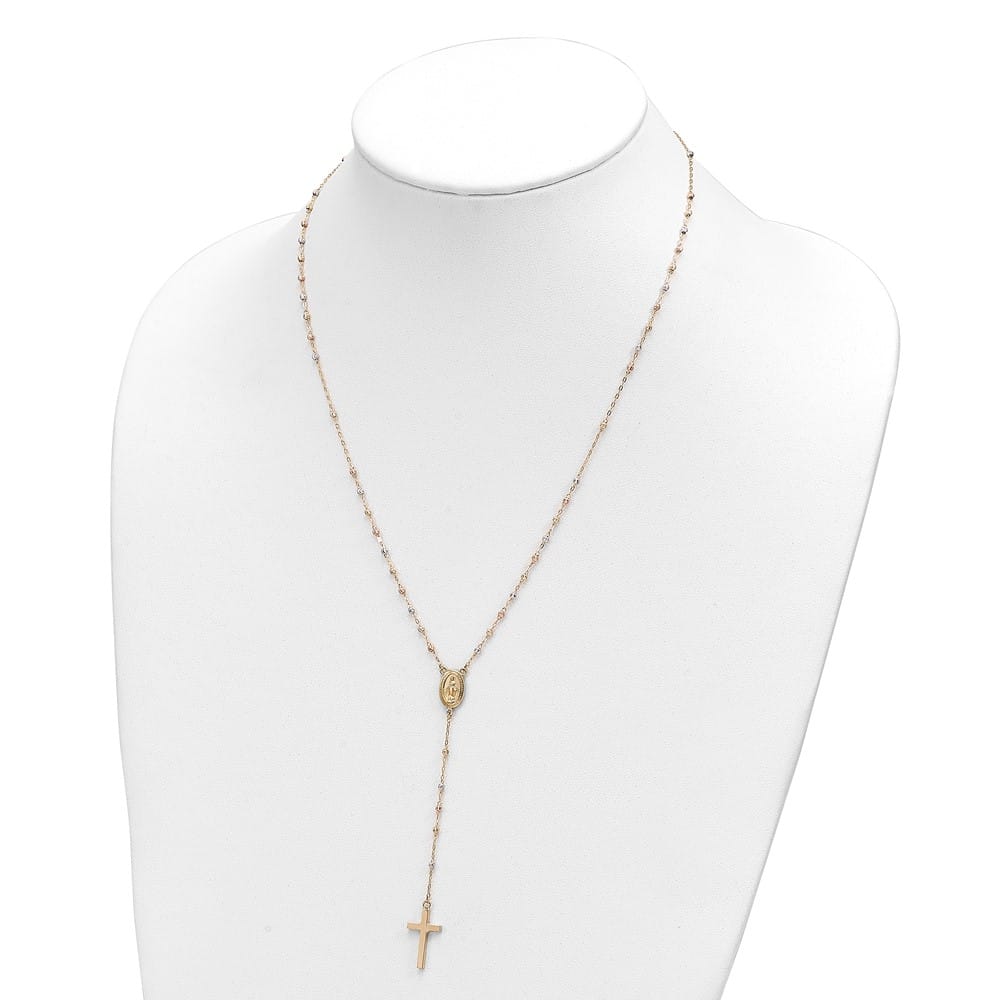 14K Tri-Color Gold Cross Miraculous Medal Rosary 17 inch Necklace
