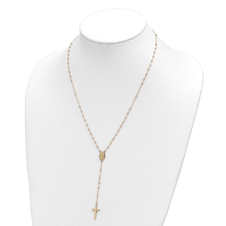 14K Tri-Color Gold Cross Miraculous Medal Rosary 17 inch Necklace