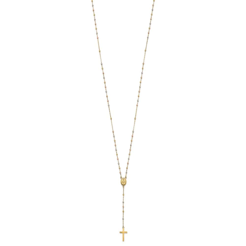 14K Tri-Color Gold Cross Miraculous Medal Rosary 17 inch Necklace