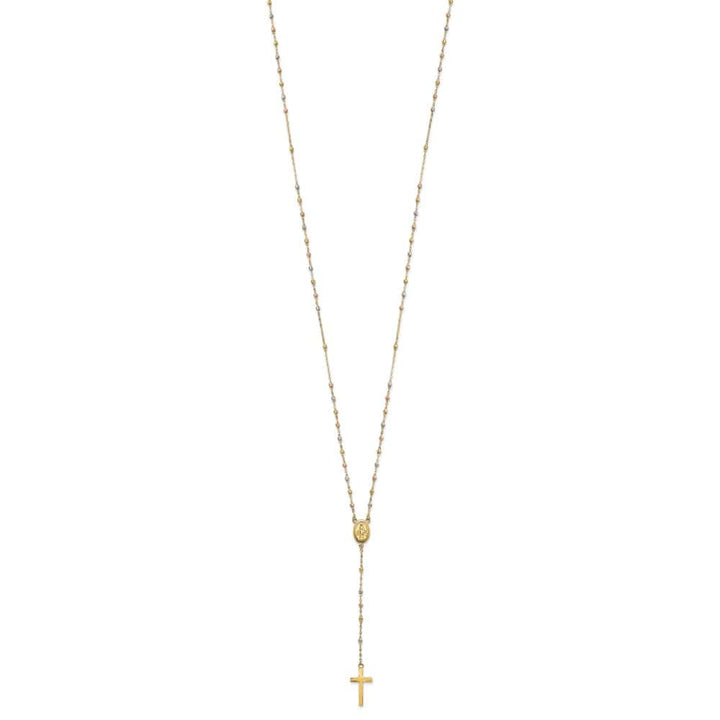 14K Tri-Color Gold Cross Miraculous Medal Rosary 17 inch Necklace