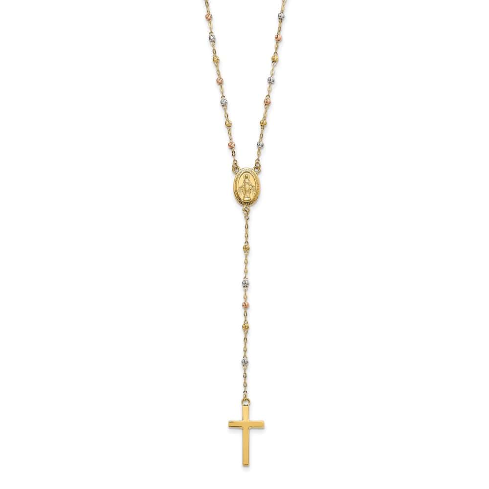 14K Tri-Color Gold Cross Miraculous Medal Rosary 17 inch Necklace