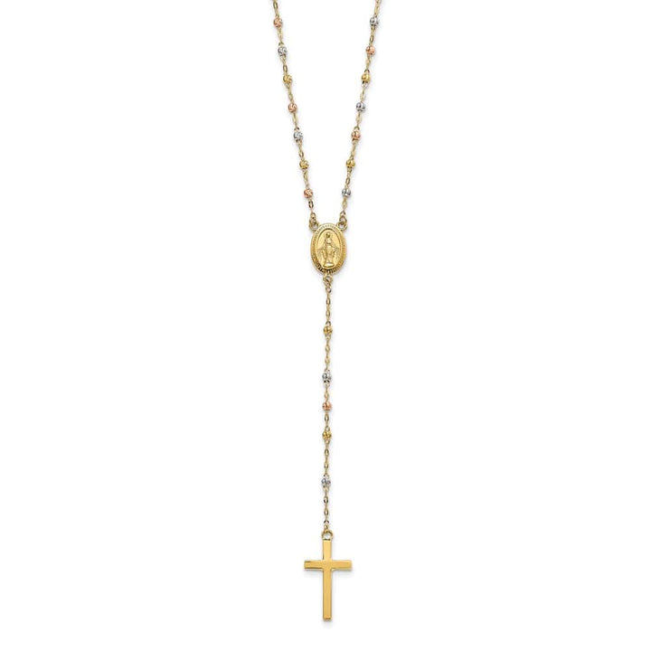 14K Tri-Color Gold Cross Miraculous Medal Rosary 17 inch Necklace