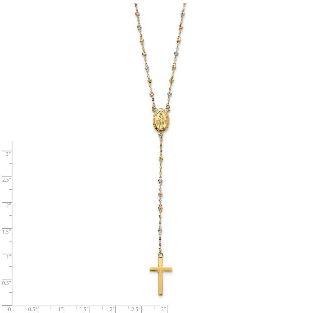 14K Tri-Color Gold Cross Miraculous Medal Rosary 17 inch Necklace