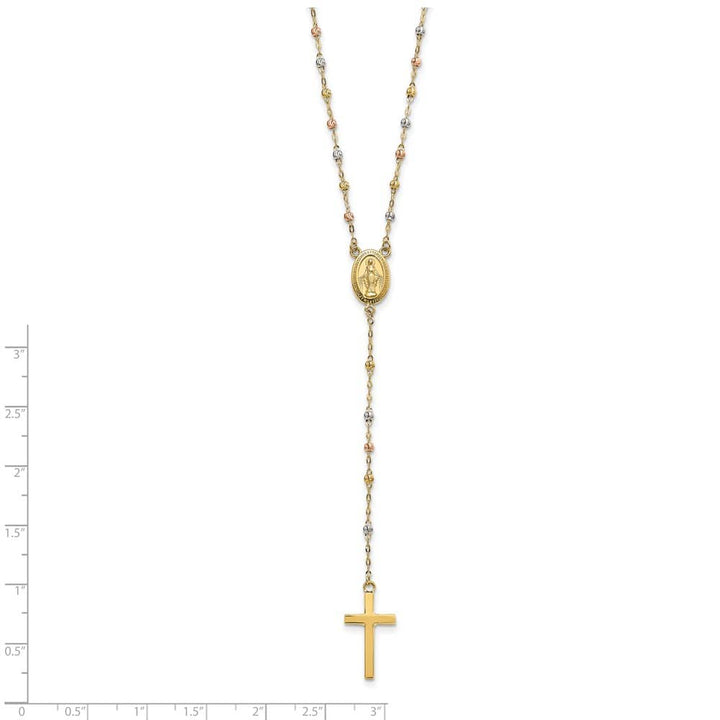 14K Tri-Color Gold Cross Miraculous Medal Rosary 17 inch Necklace