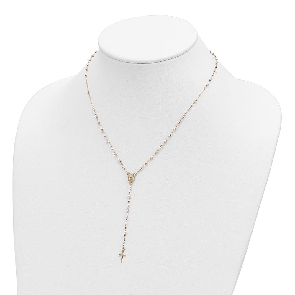 14K Tri-Color Gold Cross Miraculous Medal Rosary 7 mm 17 inch Necklace