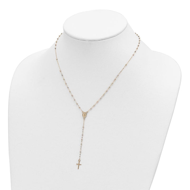 14K Tri-Color Gold Cross Miraculous Medal Rosary 7 mm 17 inch Necklace