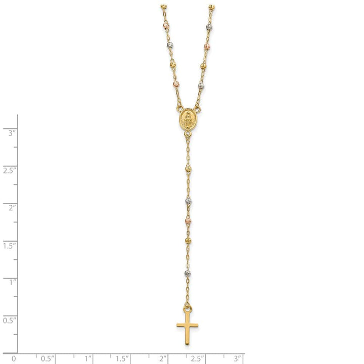 14K Tri-Color Gold Cross Miraculous Medal Rosary 7 mm 17 inch Necklace