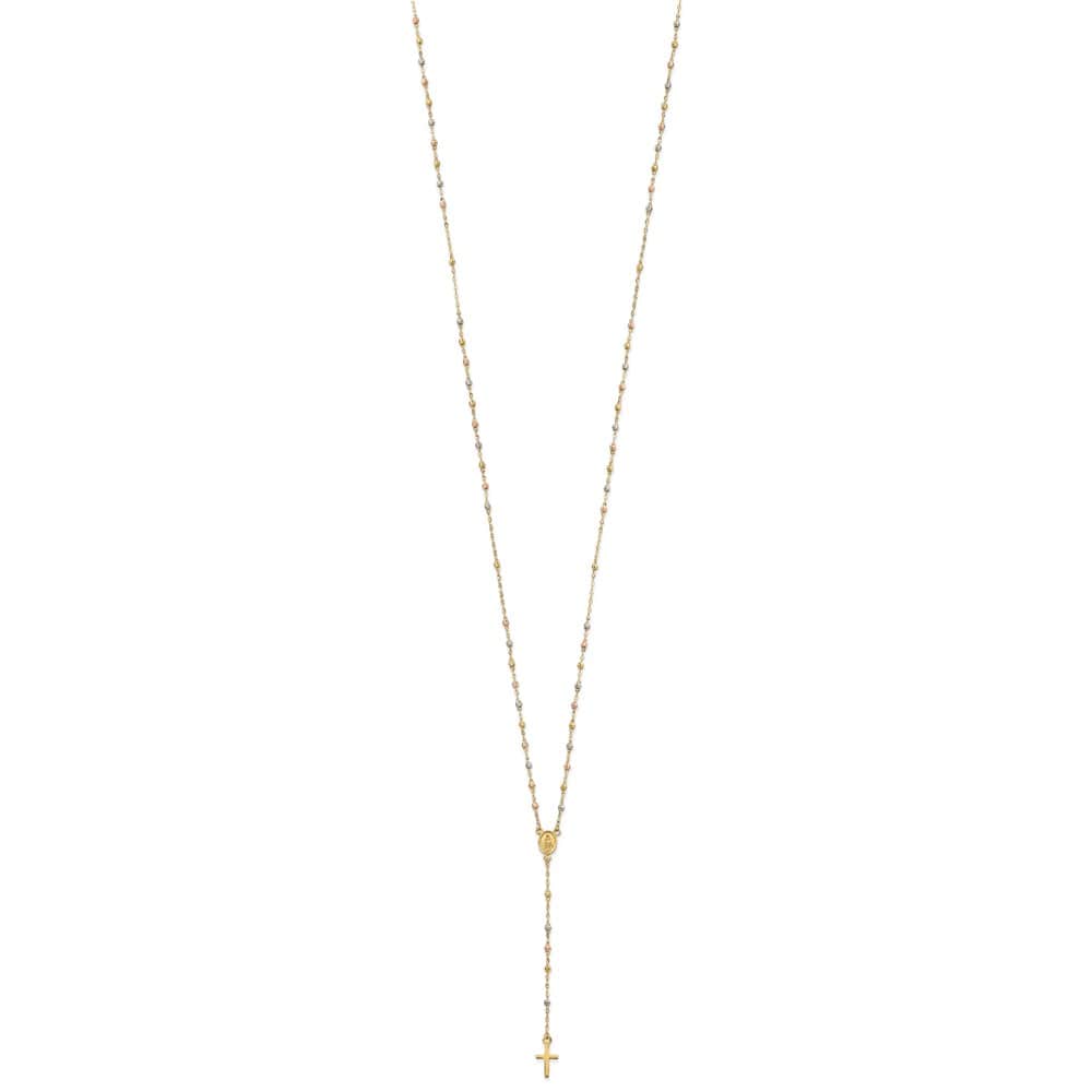 14K Tri-Color Gold Cross Miraculous Medal Rosary 7 mm 17 inch Necklace