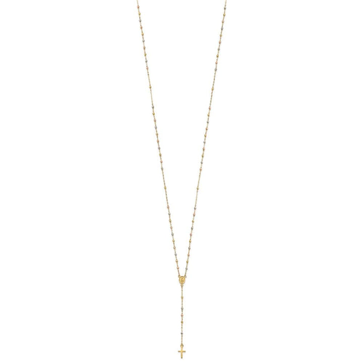 14K Tri-Color Gold Cross Miraculous Medal Rosary 7 mm 17 inch Necklace