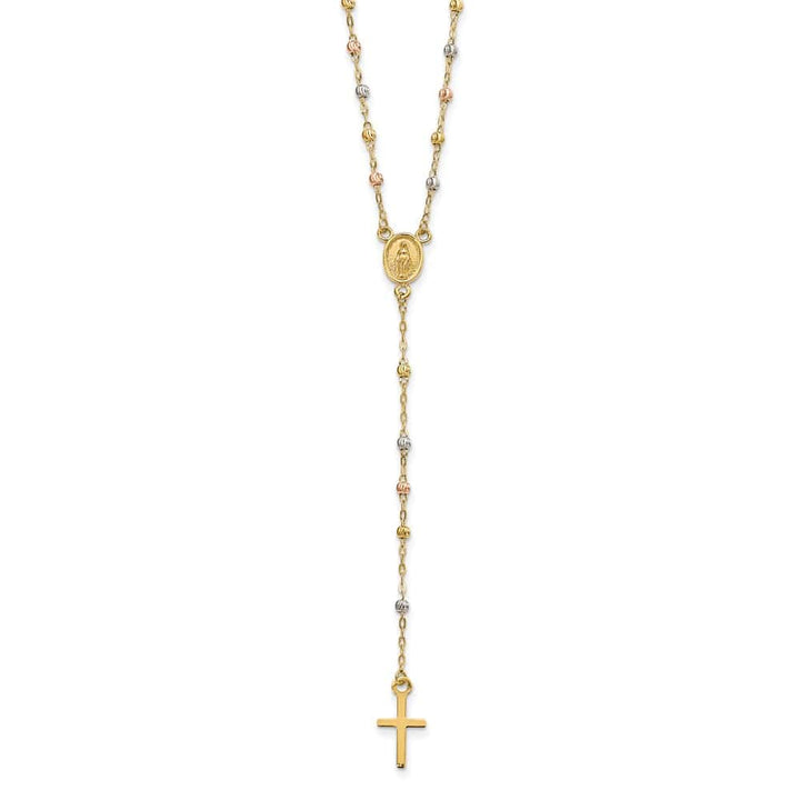 14K Tri-Color Gold Cross Miraculous Medal Rosary 7 mm 17 inch Necklace
