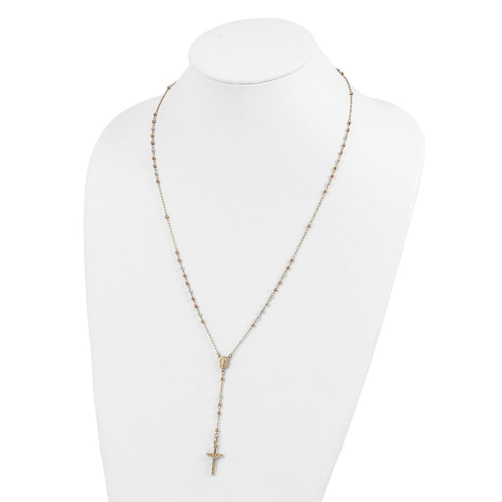 14K Tri-Color Gold Crucifix Miraculous Medal Rosary 24 inch Necklace