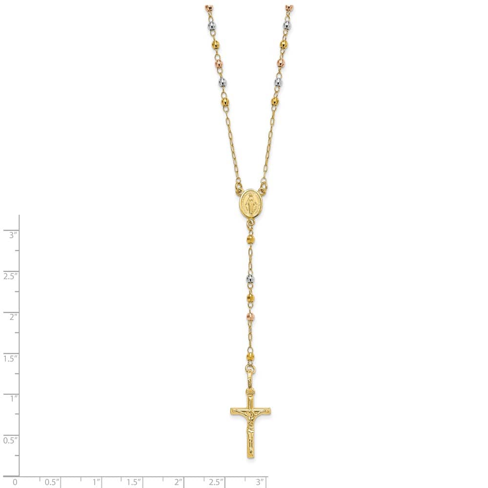 14K Tri-Color Gold Crucifix Miraculous Medal Rosary 24 inch Necklace