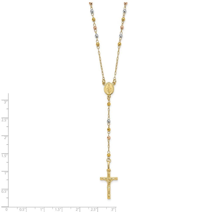 14K Tri-Color Gold Crucifix Miraculous Medal Rosary 24 inch Necklace