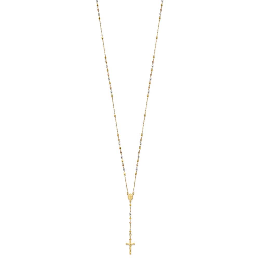14K Tri-Color Gold Crucifix Miraculous Medal Rosary 24 inch Necklace