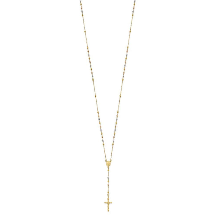 14K Tri-Color Gold Crucifix Miraculous Medal Rosary 24 inch Necklace