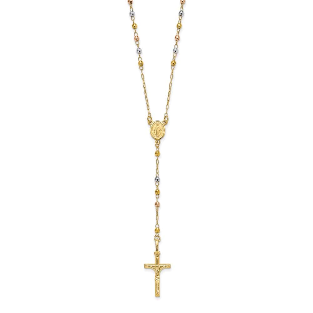 14K Tri-Color Gold Crucifix Miraculous Medal Rosary 24 inch Necklace