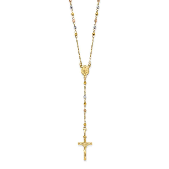 14K Tri-Color Gold Crucifix Miraculous Medal Rosary 24 inch Necklace