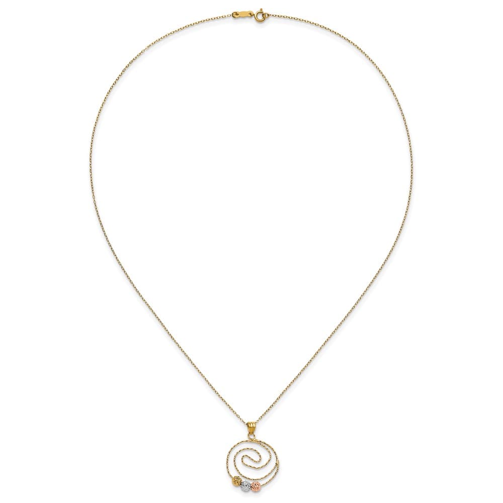 14K Tri-Color Gold D.C. Beads on Spiral Pendant 18 inch Necklace
