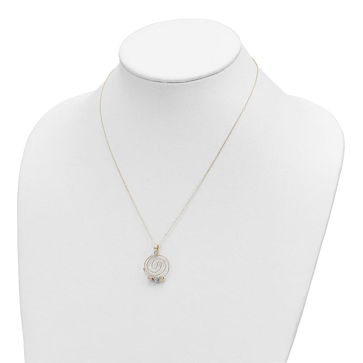 14K Tri-Color Gold D.C. Beads on Spiral Pendant 18 inch Necklace