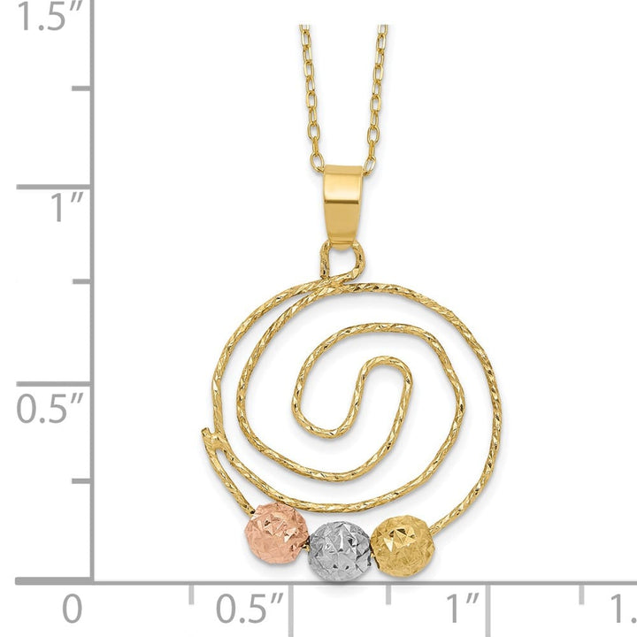 14K Tri-Color Gold D.C. Beads on Spiral Pendant 18 inch Necklace