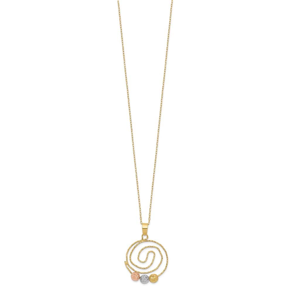 14K Tri-Color Gold D.C. Beads on Spiral Pendant 18 inch Necklace