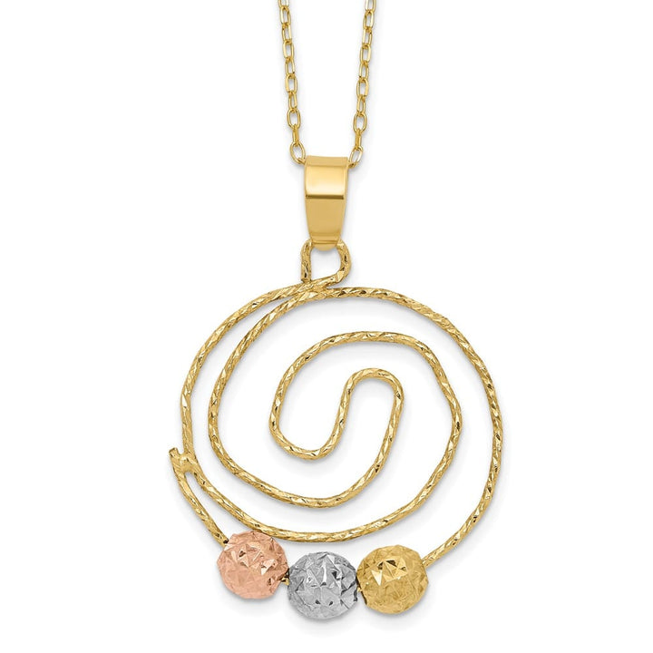 14K Tri-Color Gold D.C. Beads on Spiral Pendant 18 inch Necklace