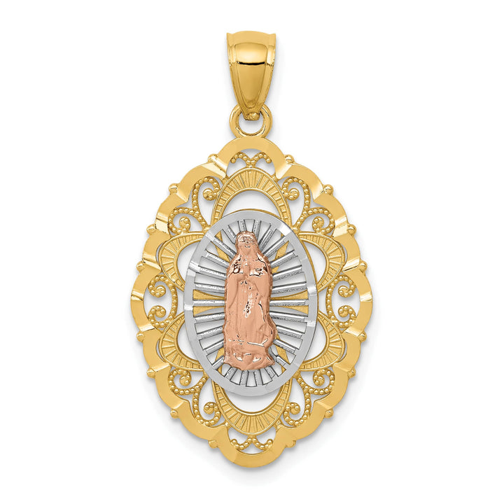 14K Tri-Color Gold Our Lady of Guadalupe Oval Pendant