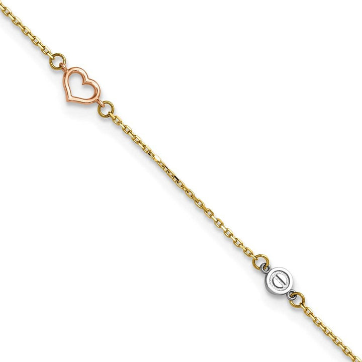 14K Tri-Color Gold Polished Hearts and Circles Anklet — solid 14K tri-color gold, 9 inches long, 1 inch extension, 0.7 mm wide, spring ring clasp, 1.27 g