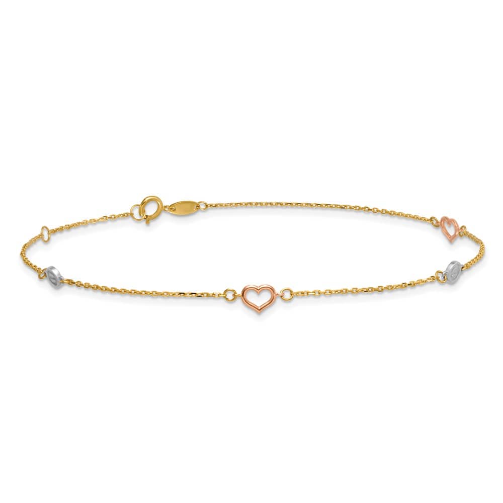 14K Tri-Color Gold Polished Hearts and Circles Anklet