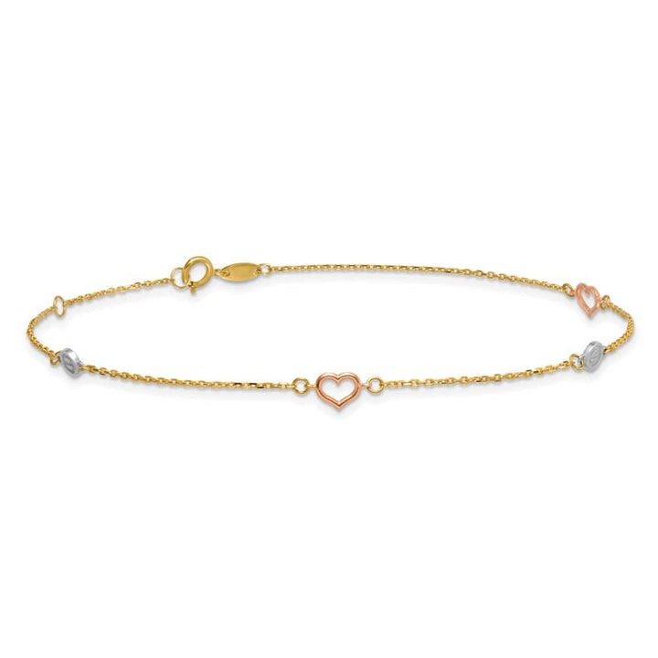 14K Tri-Color Gold Polished Hearts and Circles Anklet