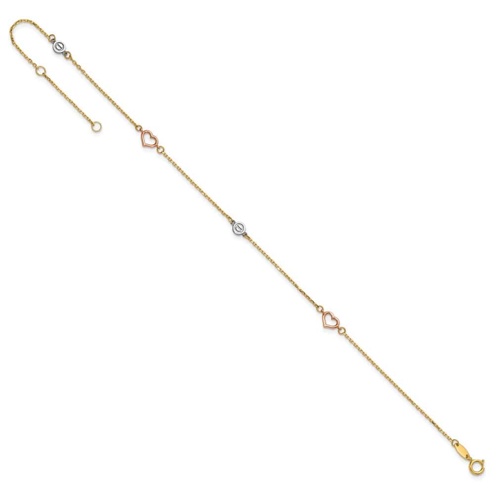 14K Tri-Color Gold Polished Hearts and Circles Anklet