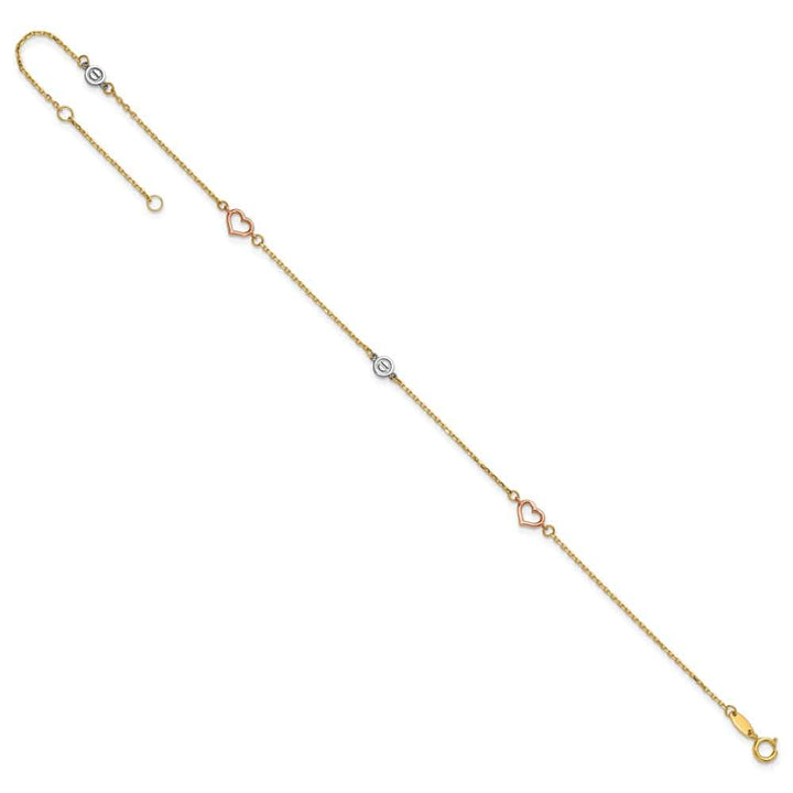 14K Tri-Color Gold Polished Hearts and Circles Anklet