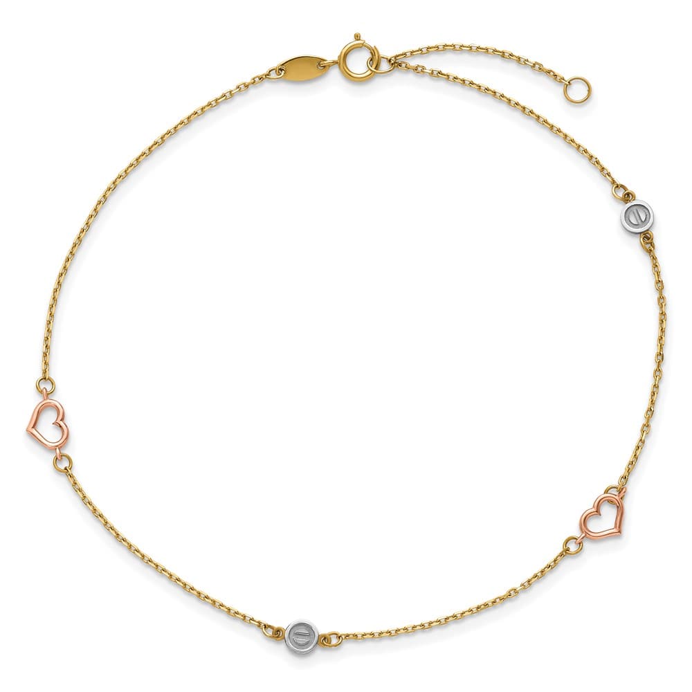 14K Tri-Color Gold Polished Hearts and Circles Anklet