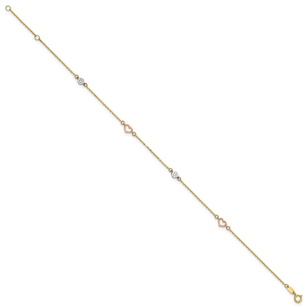 14K Tri-Color Gold Polished Hearts and Circles Anklet