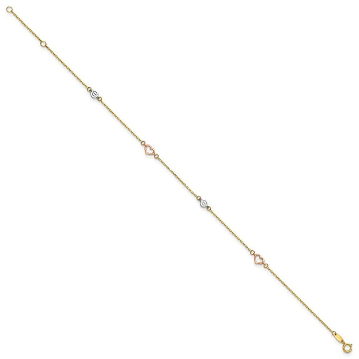 14K Tri-Color Gold Polished Hearts and Circles Anklet