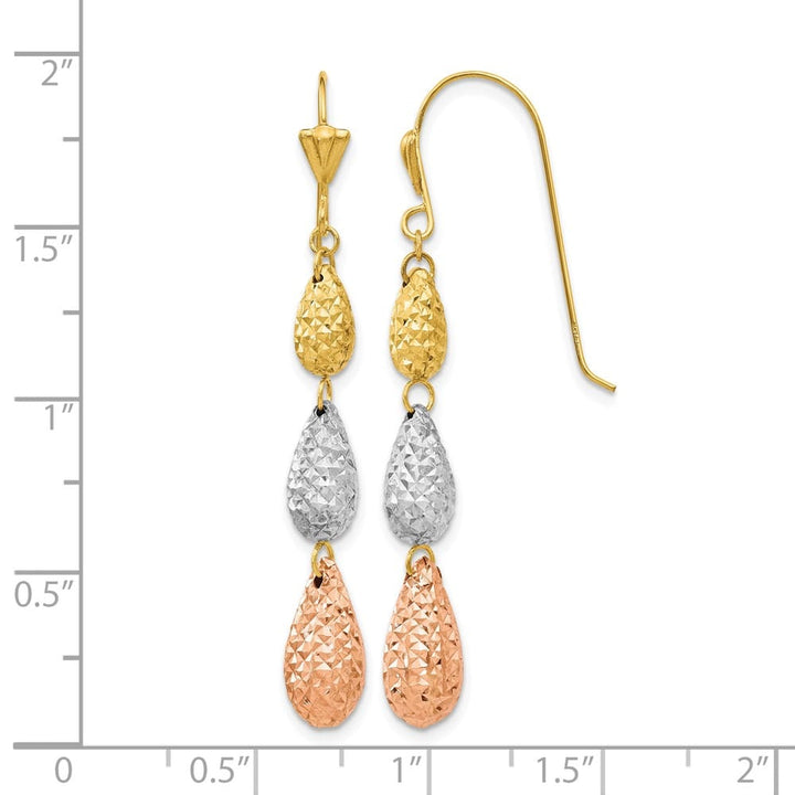 14K Tri-Color Gold Puffed D.C. Teardrops Dangle French Hook Earrings, view 4 of 4