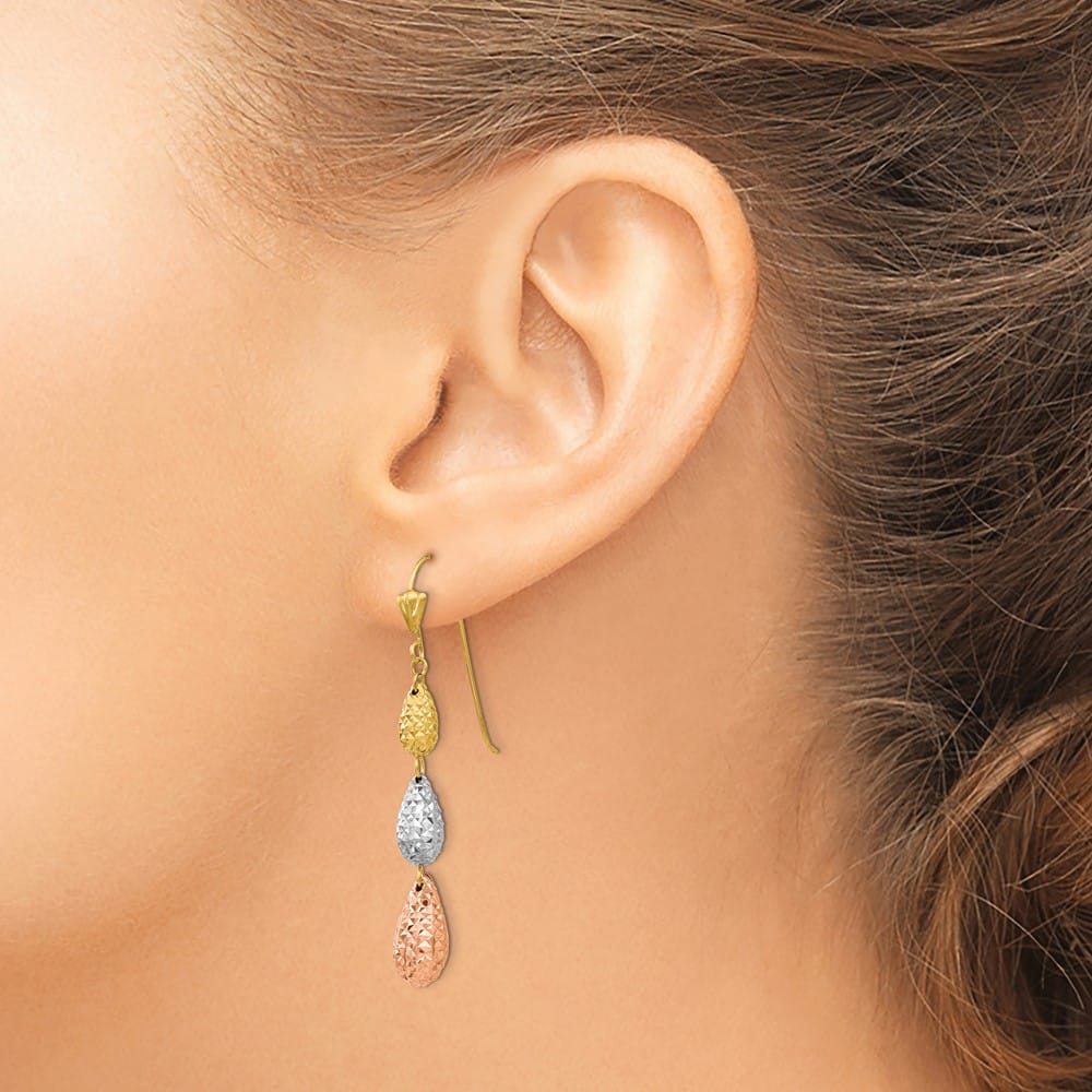 14K Tri-Color Gold Puffed D.C. Teardrops Dangle French Hook Earrings, view 3 of 4