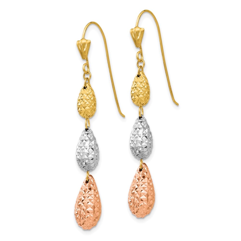 14K Tri-Color Gold Puffed D.C. Teardrops Dangle French Hook Earrings, view 2 of 4
