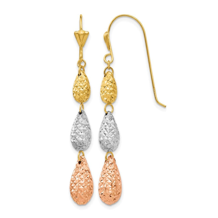 14K Tri-Color Gold Puffed D.C. Teardrops Dangle French Hook Earrings, view 1 of 4