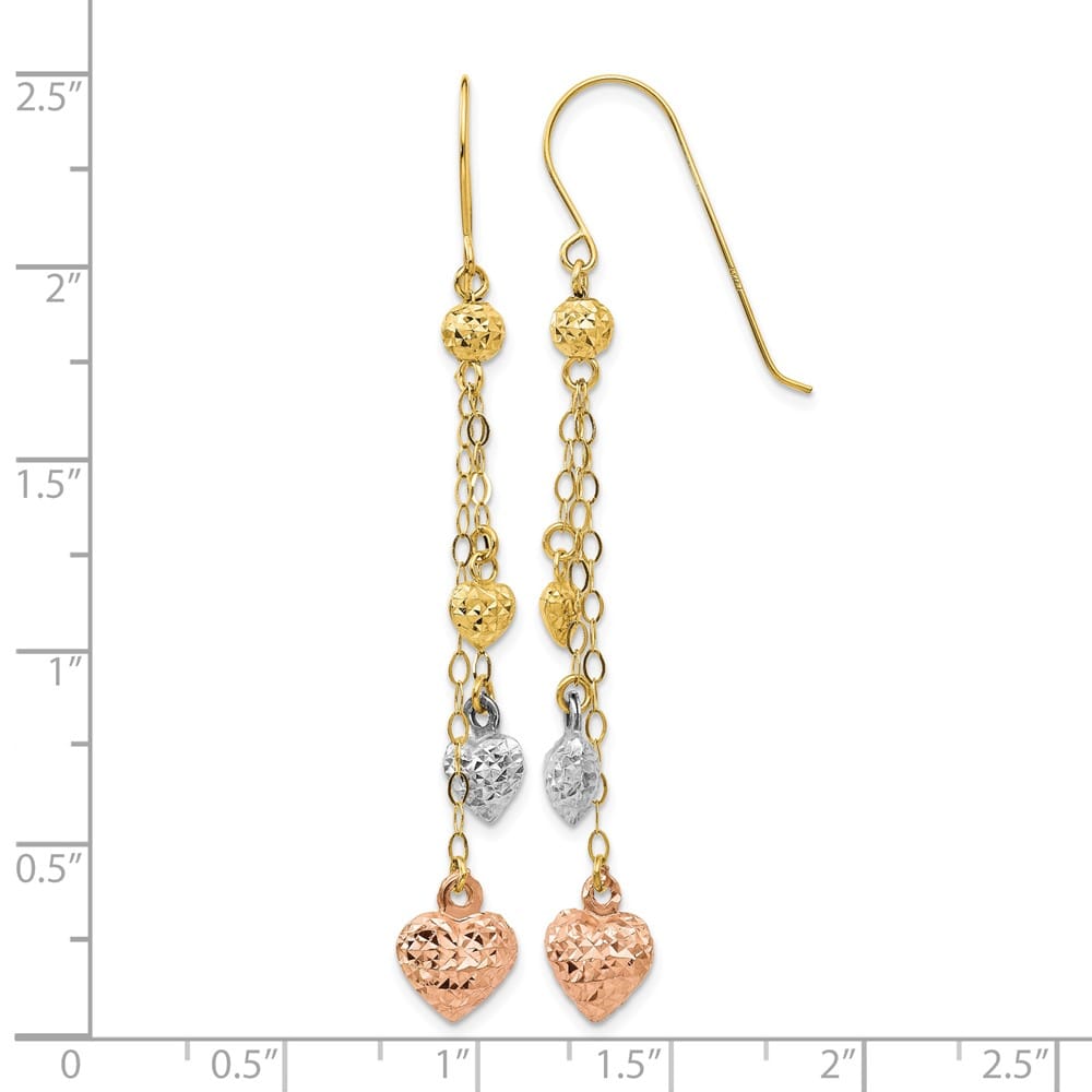 14K Tri-Color Gold Puffed Heart and Chain Dangle French Hook Earrings, view 4 of 4