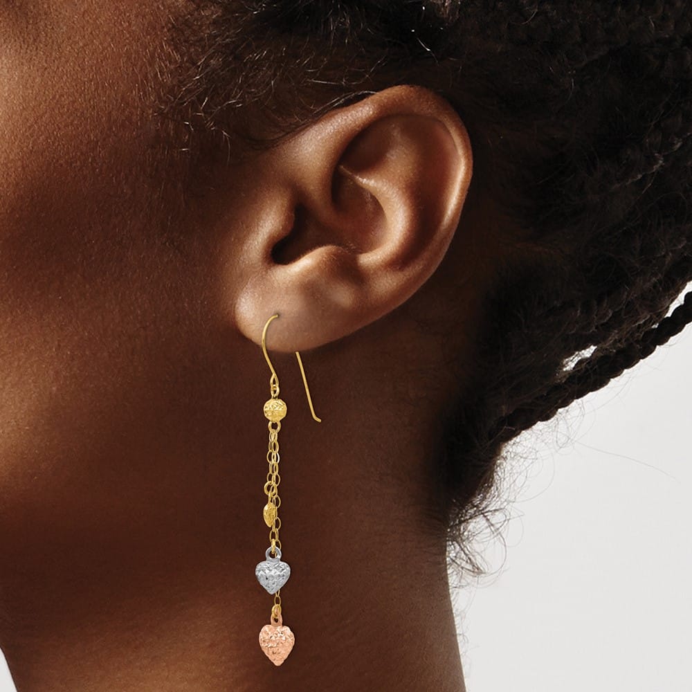 14K Tri-Color Gold Puffed Heart and Chain Dangle French Hook Earrings, view 3 of 4