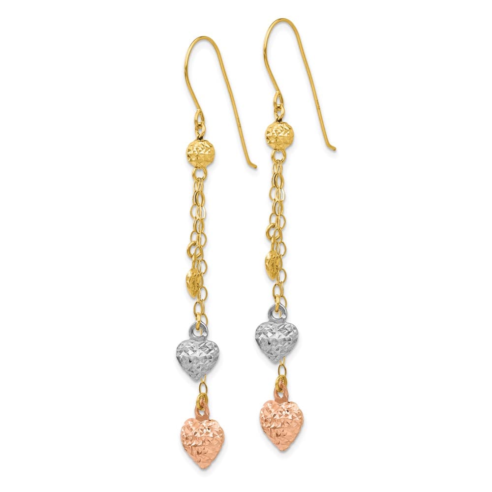 14K Tri-Color Gold Puffed Heart and Chain Dangle French Hook Earrings, view 2 of 4