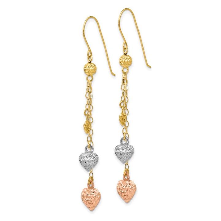 14K Tri-Color Gold Puffed Heart and Chain Dangle French Hook Earrings, view 2 of 4